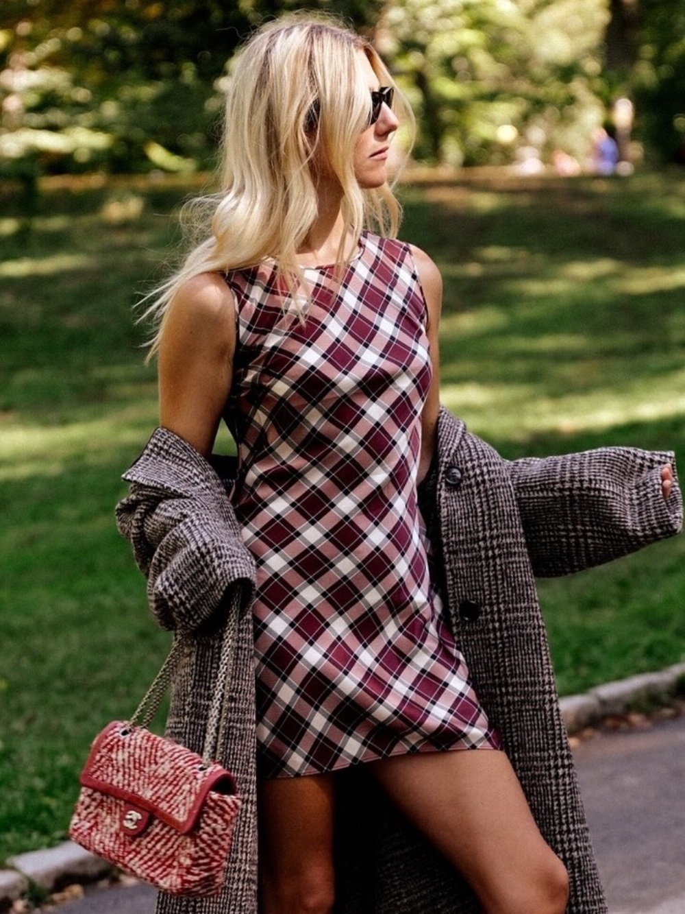 NWT Doen Alamere Silk Sleeveless Slip Bias Mini Dress Norfolk Plaid Brown Red